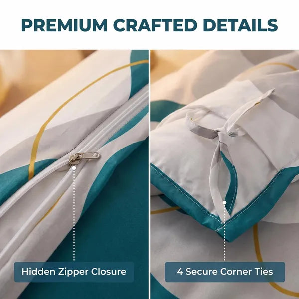 3 Piece Reversible Duvet Cover Set Teal Wave Zipper Corner Ties Queen King Cal