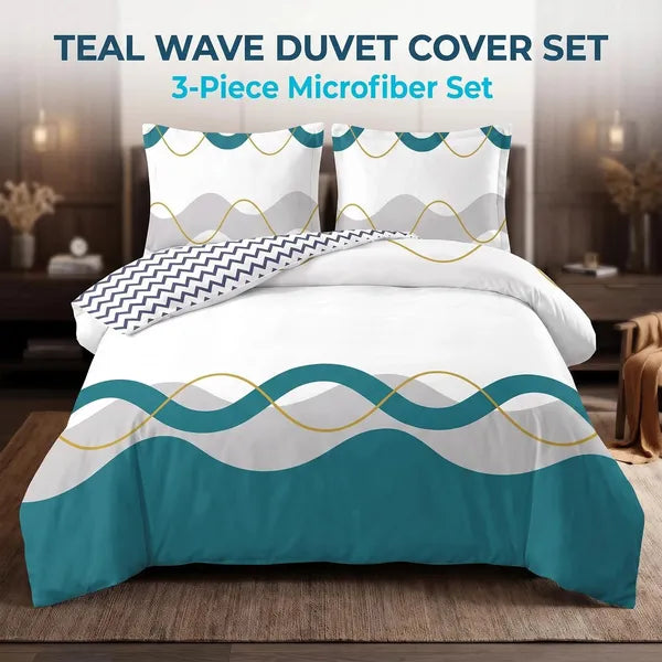 3 Piece Reversible Duvet Cover Set Teal Wave Zipper Corner Ties Queen King Cal