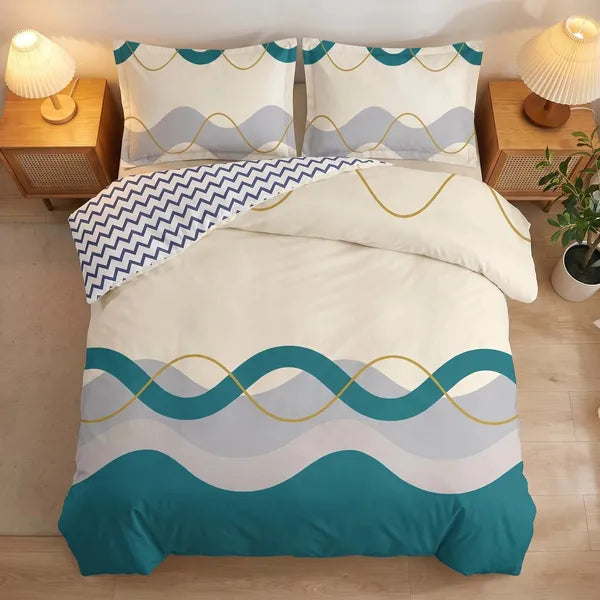 3 Piece Reversible Duvet Cover Set Teal Wave Zipper Corner Ties Queen King Cal