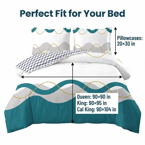 3 Piece Reversible Duvet Cover Set Teal Wave Zipper Corner Ties Queen King Cal