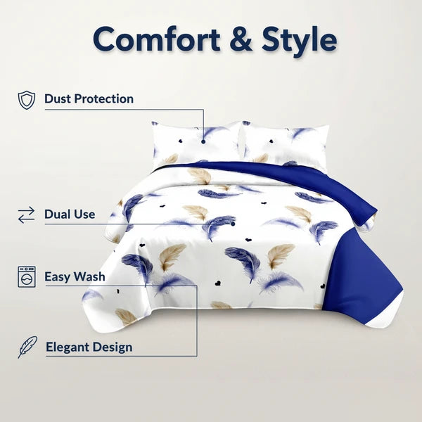 3 Piece Reversible Navy Blue Gold Feather Quilt Set Water Repellent King Cal