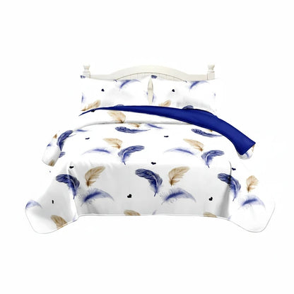 3 Piece Reversible Navy Blue Gold Feather Quilt Set Water Repellent King Cal