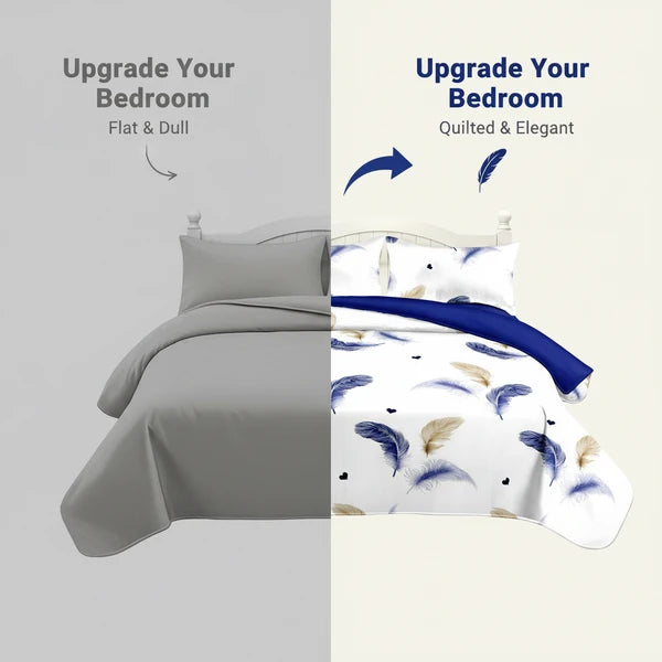 3 Piece Reversible Navy Blue Gold Feather Quilt Set Water Repellent King Cal