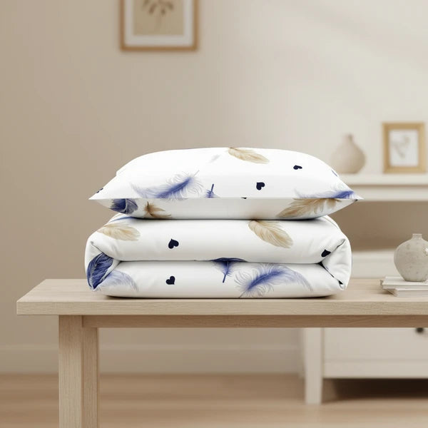 3 Piece Reversible Navy Blue Gold Feather Quilt Set Water Repellent King Cal