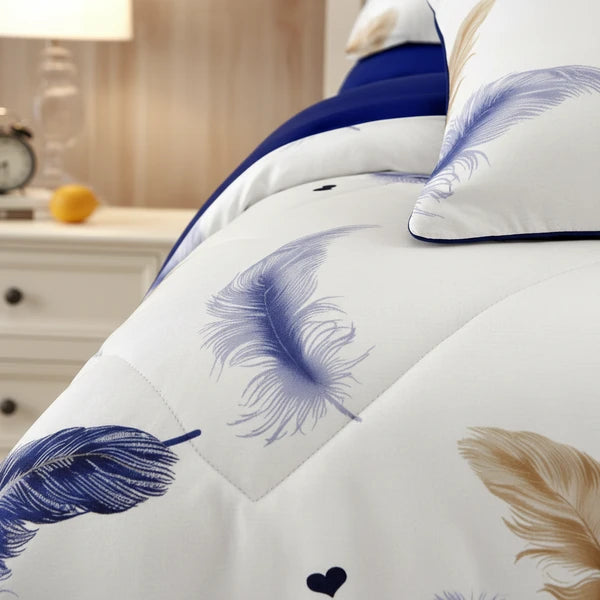 3 Piece Reversible Navy Blue Gold Feather Quilt Set Water Repellent King Cal