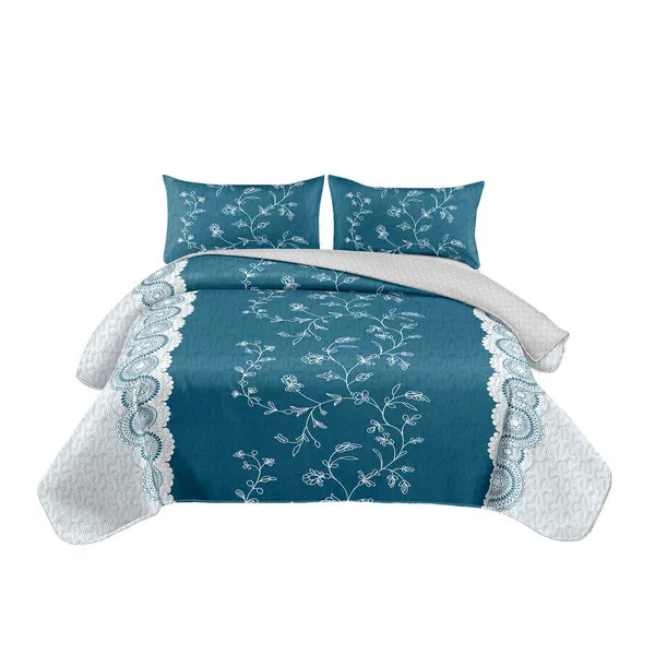 Teal Floral Lace Quilt Set 3 Piece Water Resistant Bedspread Queen King Cal King
