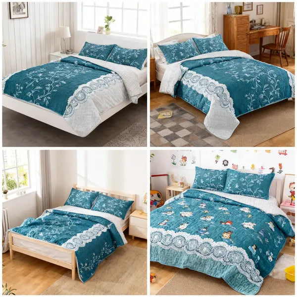 Teal Floral Lace Quilt Set 3 Piece Water Resistant Bedspread Queen King Cal King