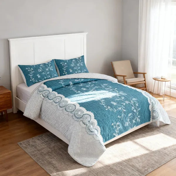 Teal Floral Lace Quilt Set 3 Piece Water Resistant Bedspread Queen King Cal King