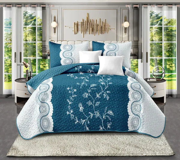 Teal Floral Lace Quilt Set 3 Piece Water Resistant Bedspread Queen King Cal King