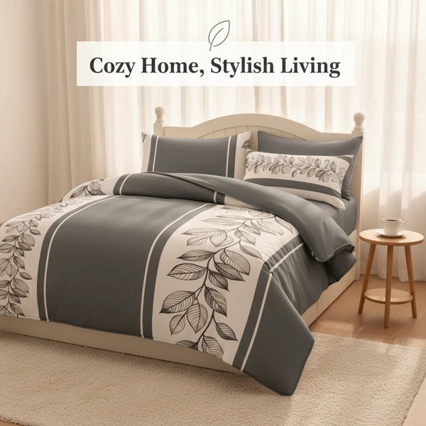 3 Piece Charcoal Grey Botanical Quilt Set White Leaf Vine Bedspread Queen King