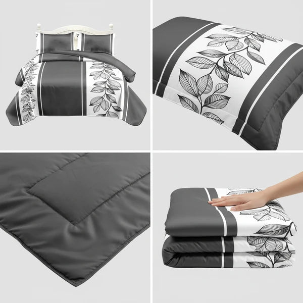 3 Piece Charcoal Grey Botanical Quilt Set White Leaf Vine Bedspread Queen King