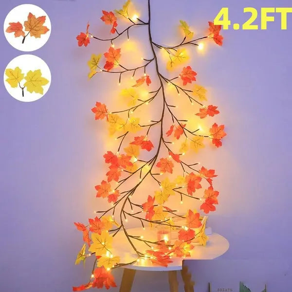 Fall Lighted Garland Leaves Autumn Maple Vine Lights with Wall Clips 4.2 6.2 7.5FT
