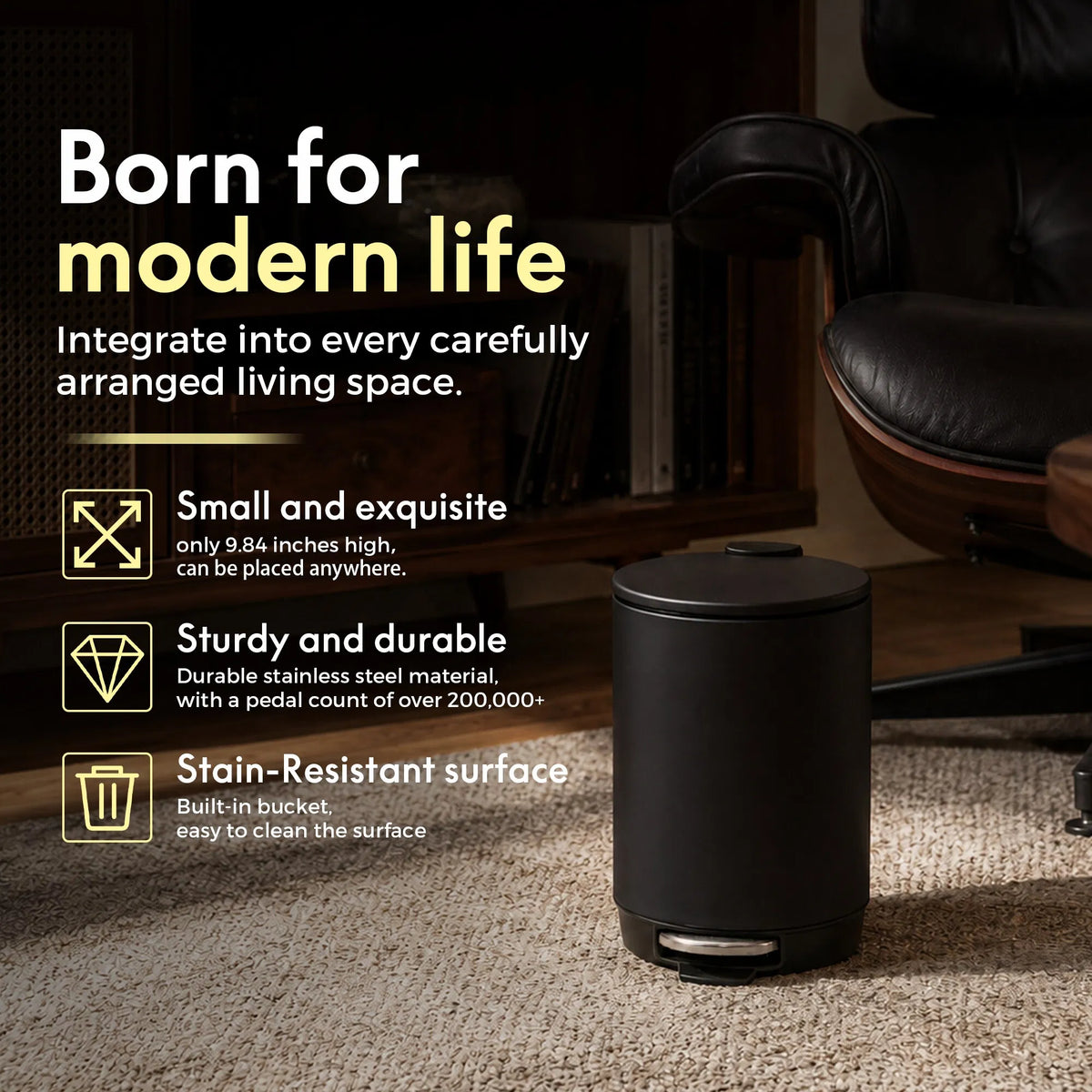 Small Bathroom Trash Can 3L Black Stainless Steel Step Pedal Removable Bucket