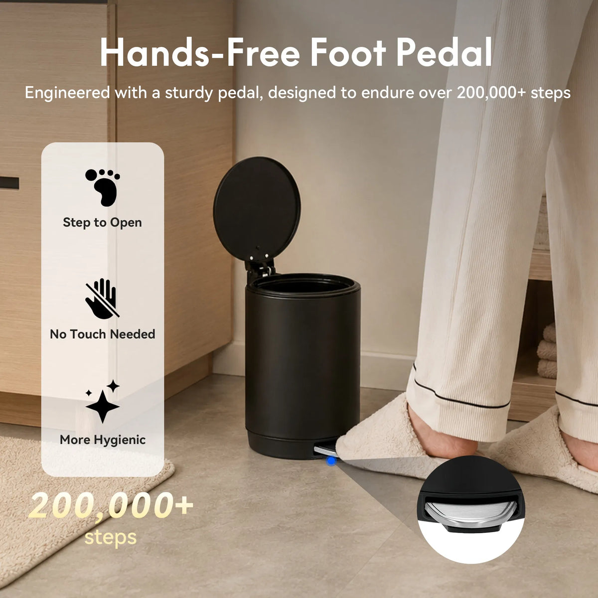 Small Bathroom Trash Can 3L Black Stainless Steel Step Pedal Removable Bucket