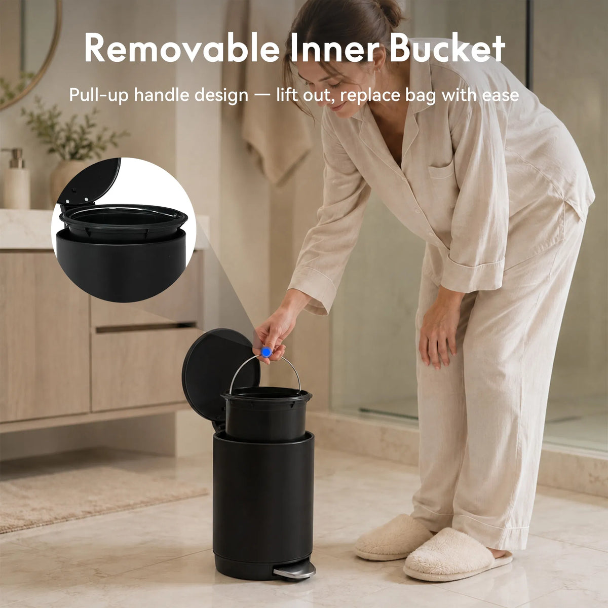 Small Bathroom Trash Can 3L Black Stainless Steel Step Pedal Removable Bucket
