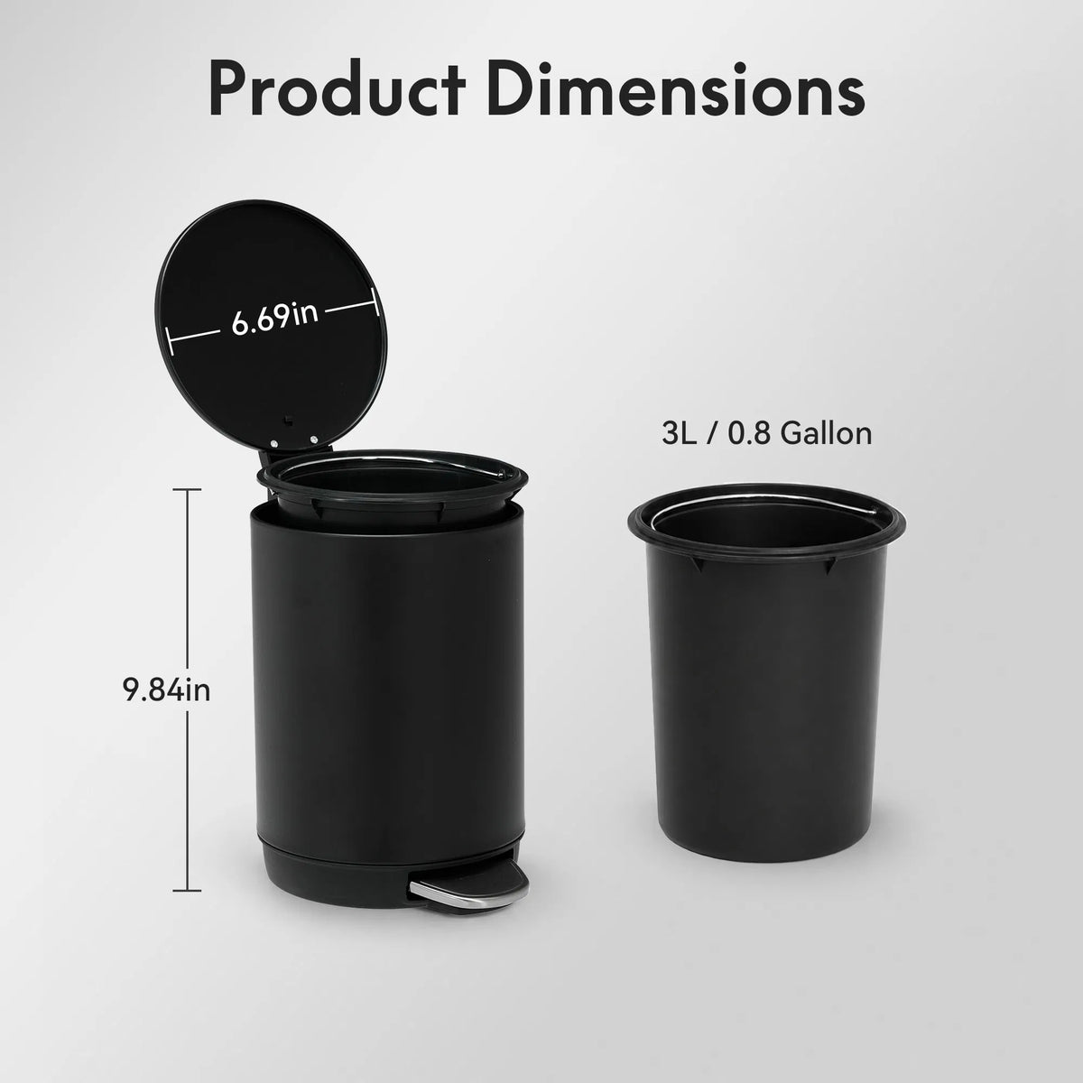 Small Bathroom Trash Can 3L Black Stainless Steel Step Pedal Removable Bucket