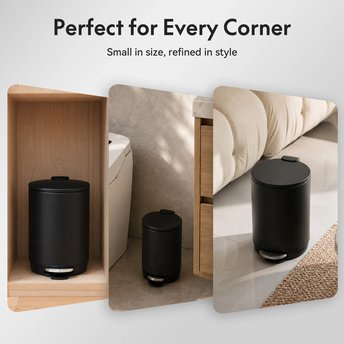 Small Bathroom Trash Can 3L Black Stainless Steel Step Pedal Removable Bucket