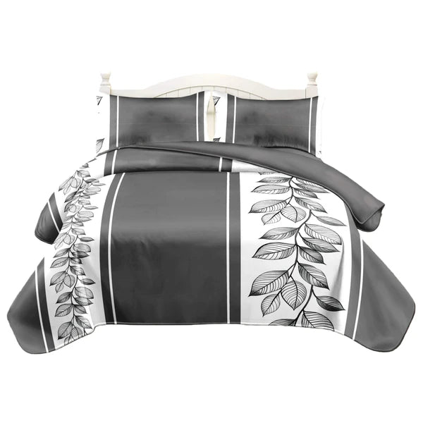3 Piece Charcoal Grey Botanical Quilt Set White Leaf Vine Bedspread Queen King