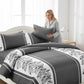 3 Piece Charcoal Grey Botanical Quilt Set White Leaf Vine Bedspread Queen King