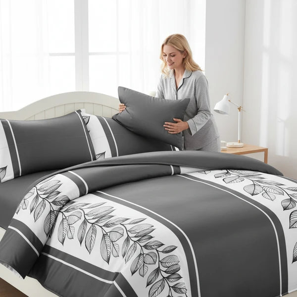3 Piece Charcoal Grey Botanical Quilt Set White Leaf Vine Bedspread Queen King