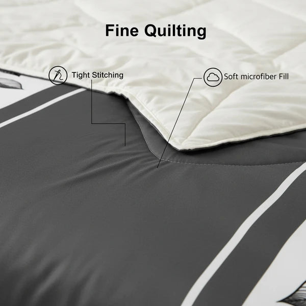 3 Piece Charcoal Grey Botanical Quilt Set White Leaf Vine Bedspread Queen King