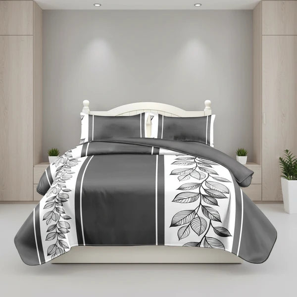 3 Piece Charcoal Grey Botanical Quilt Set White Leaf Vine Bedspread Queen King