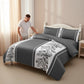 3 Piece Charcoal Grey Botanical Quilt Set White Leaf Vine Bedspread Queen King