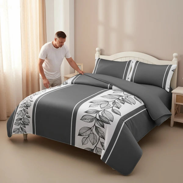 3 Piece Charcoal Grey Botanical Quilt Set White Leaf Vine Bedspread Queen King