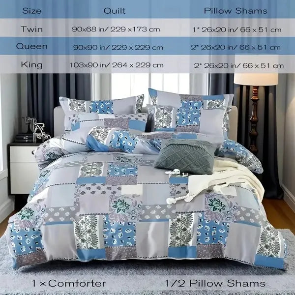 Patchwork Comforter Queen Size Bedding Set 3 Piece Rustic Taupe Check Quilt Bed
