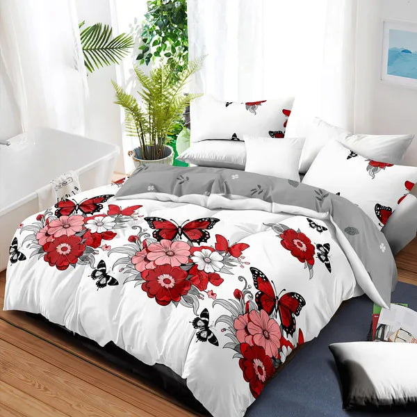 4 Piece Red Butterfly Floral Duvet Cover Set 18 Deep Sheet Queen King Cal