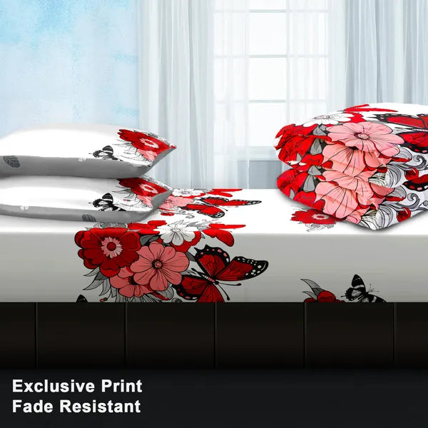 4 Piece Red Butterfly Floral Duvet Cover Set 18 Deep Sheet Queen King Cal