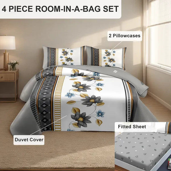 4 Piece Duvet Cover Set Grey White Floral 18 Deep Sheet Zipper Queen King Cal