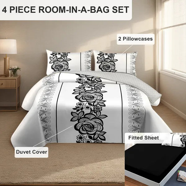 4 Piece Duvet Cover Set Black White Boho Floral 18 Deep Sheet Zipper Queen King