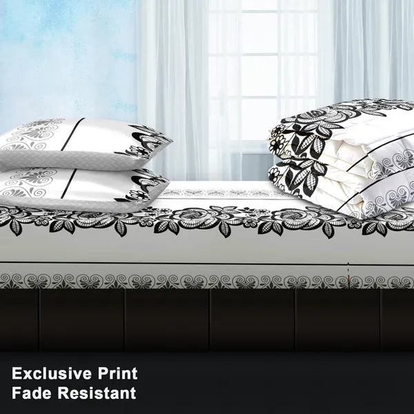 4 Piece Duvet Cover Set Black White Boho Floral 18 Deep Sheet Zipper Queen King