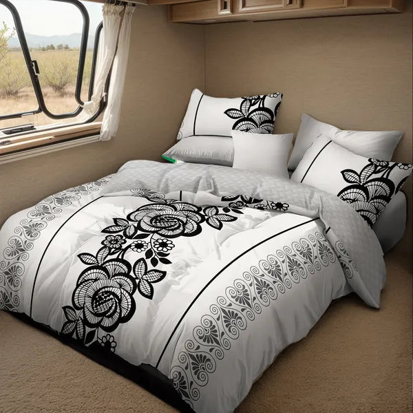 4 Piece Duvet Cover Set Black White Boho Floral 18 Deep Sheet Zipper Queen King