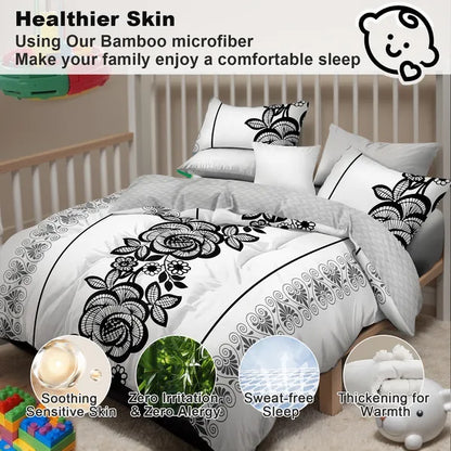 4 Piece Duvet Cover Set Black White Boho Floral 18 Deep Sheet Zipper Queen King