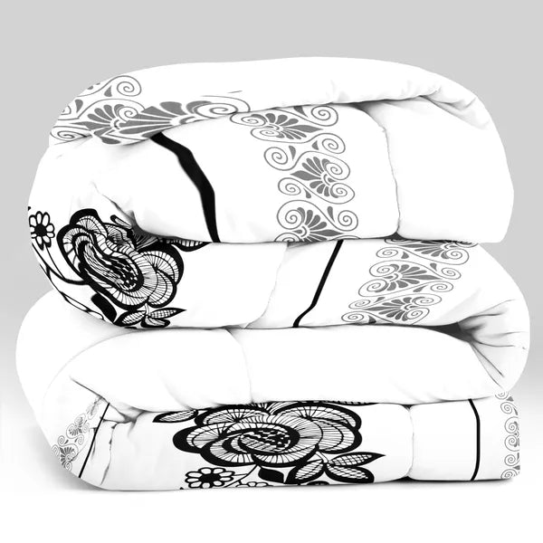 4 Piece Duvet Cover Set Black White Boho Floral 18 Deep Sheet Zipper Queen King