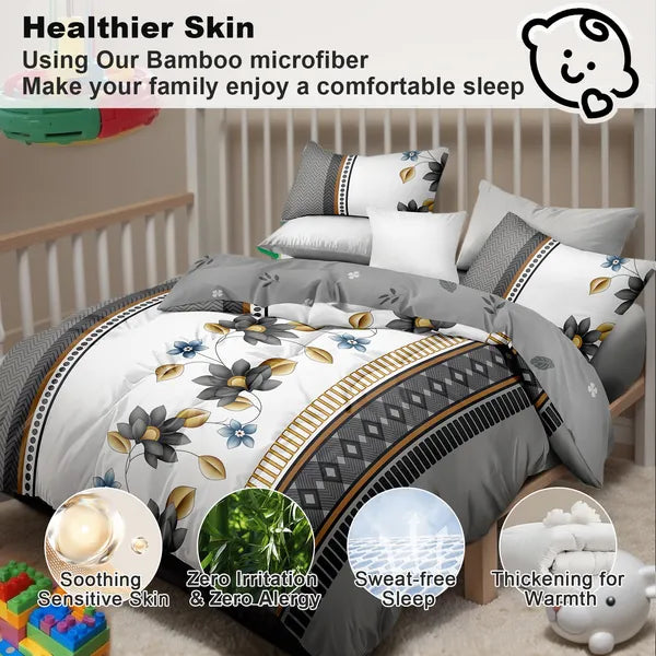 4 Piece Duvet Cover Set Grey White Floral 18 Deep Sheet Zipper Queen King Cal