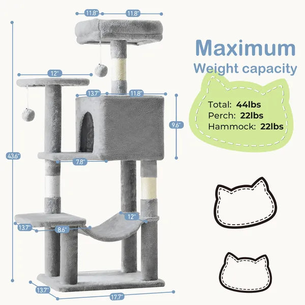 44" Cat Tree Tower Multi-Level Condo Hammock Sisal Scratching Posts Indoor Cats