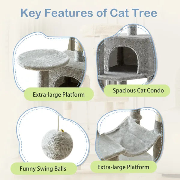 44" Cat Tree Tower Multi-Level Condo Hammock Sisal Scratching Posts Indoor Cats