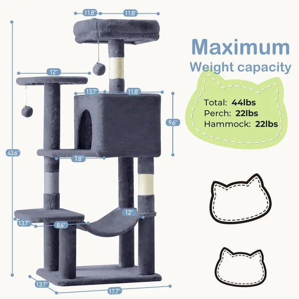 44" Cat Tree Tower Multi-Level Condo Hammock Sisal Scratching Posts Indoor Cats