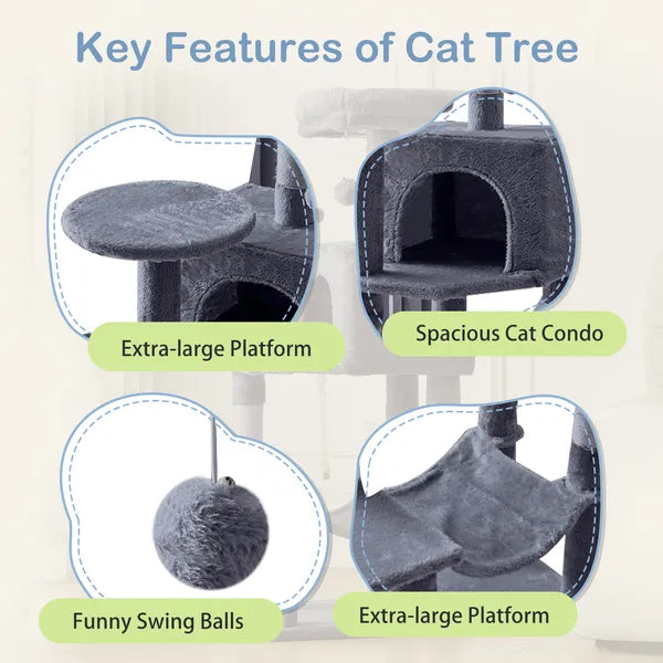 44" Cat Tree Tower Multi-Level Condo Hammock Sisal Scratching Posts Indoor Cats