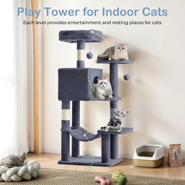 44" Cat Tree Tower Multi-Level Condo Hammock Sisal Scratching Posts Indoor Cats