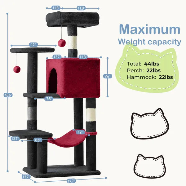 44" Cat Tree Tower Multi-Level Condo Hammock Sisal Scratching Posts Indoor Cats