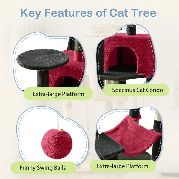 44" Cat Tree Tower Multi-Level Condo Hammock Sisal Scratching Posts Indoor Cats