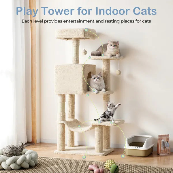44" Cat Tree Tower Multi-Level Condo Hammock Sisal Scratching Posts Indoor Cats