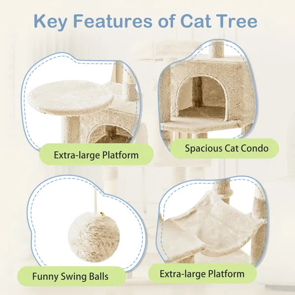 44" Cat Tree Tower Multi-Level Condo Hammock Sisal Scratching Posts Indoor Cats