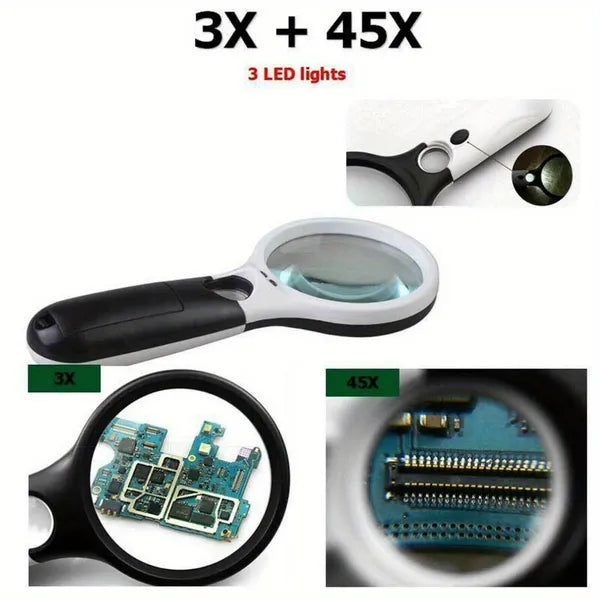 3X 45X Magnifying Glass 3 LED Light Handheld Magnifier Reading Jewelry Loupe