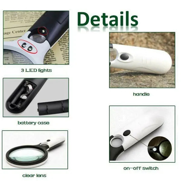 3X 45X Magnifying Glass 3 LED Light Handheld Magnifier Reading Jewelry Loupe