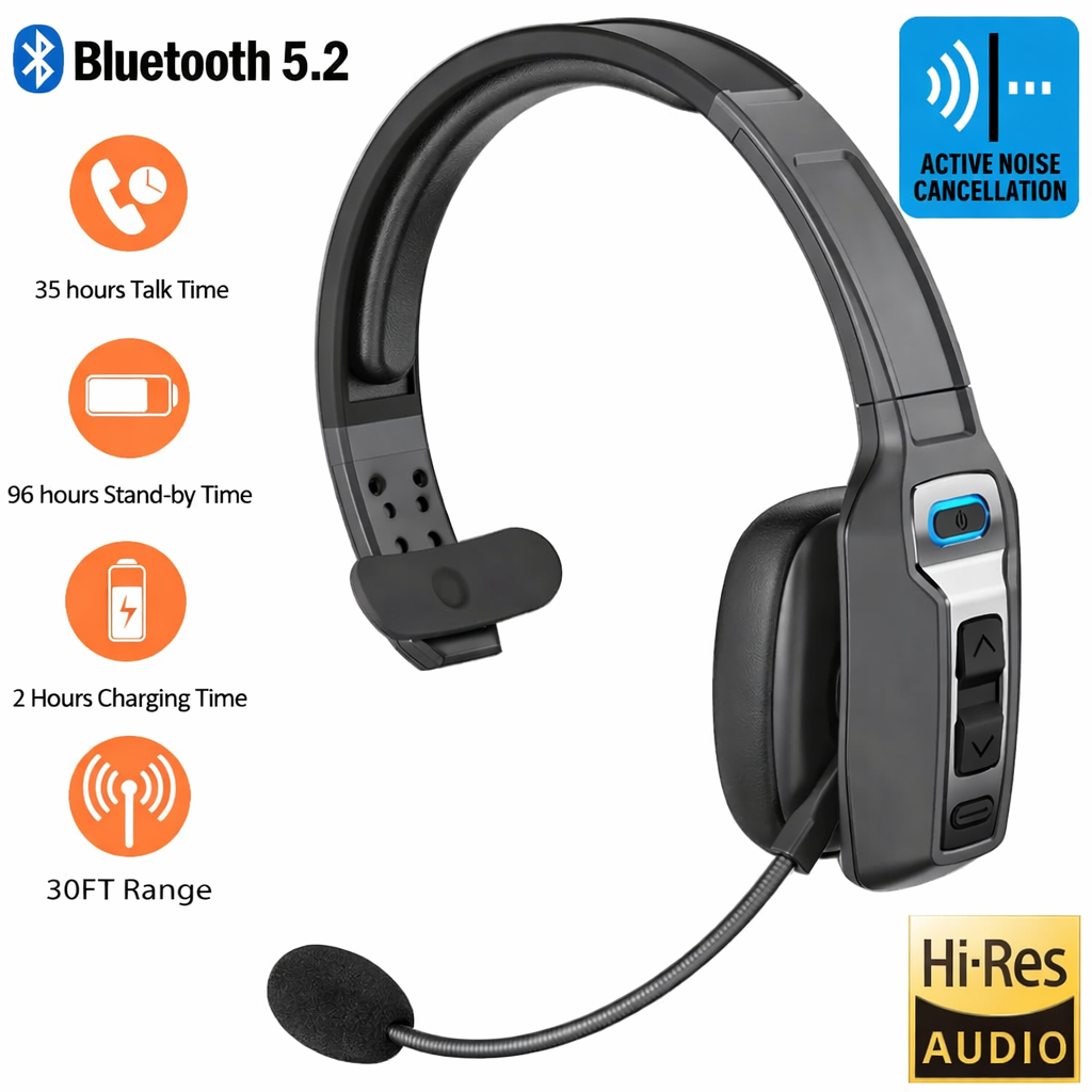 Trucker Wireless Bluetooth 5.2 Headset with Noise Cancelling Mic for Phones PC